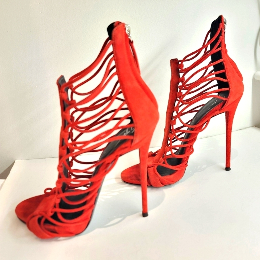 Giuseppe Zanotti Red Strappy Suede Stiletto Heels - Picture 1 of 14